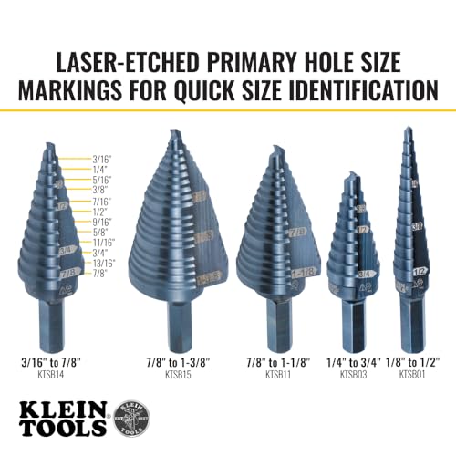 Klein Tools KTSB14 Step Drill Bit #14 Double-Fluted, 3/16 to 7/8-Inch with Easy-to-Read Step Markings and Targets, 3/8-Inch Hex Shank - size: 3/16 to 7/8-Inch, style: Standard