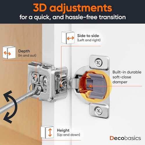 Decobasics 50 Pack Soft Close Cabinet Hinges 1-1/4" Overlay for Kitchen Cabinet Doors, Slow Self-Closing Concealed Hidden Hinges for Face Frame –Stainless Steel, 3-Way Adjustable & Quiet Close Damper - size: 1-1/4 Inch