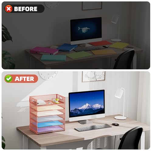 Marbrasse 2 Pack Desk Organizer with Handle, 6 Tier Paper Letter Tray, Mesh Desk File Organizer for Office, School and Home - Rose Gold - color: Rose Gold - 2p
