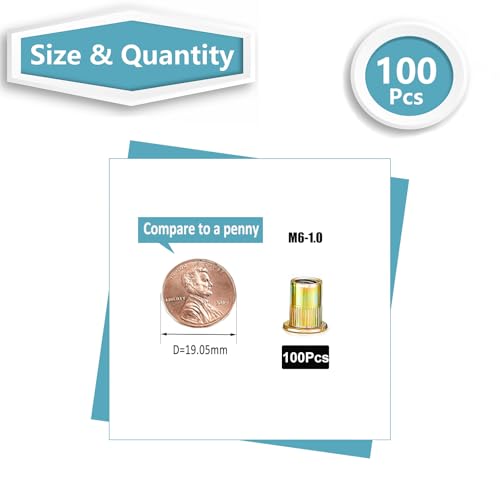 100Pcs Kadrick M6 Rivet Nuts,Metric Carbon Steel Flat Head Threaded Insert Nuts Rivnuts - size: Metric M6 100Pcs