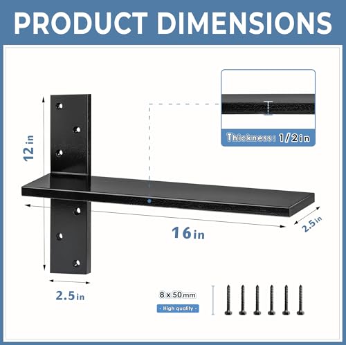 Floating Shelf Bracket Heavy Duty 1/2" Thick Free Hanging Countertop Support Bracket 1 Pack 16" Lx2.5 W Hidden Shelf Bracket for Floating Wall Countertops, Bars, Desks, Bench Seats, Vanities, Mantels - size: 16 Inch, style: Black- 1 pack