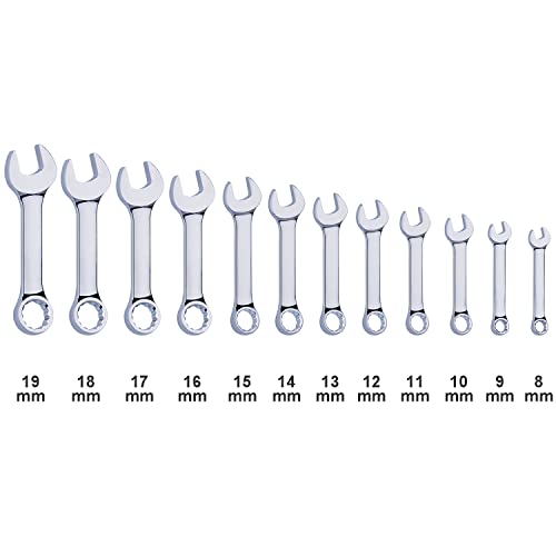 Premium Stubby Combination Wrench Set with Roll-up Pouch, 12-Piece, Metric, 8mm to 19mm, No Skipped Size | Cr-V Steel, Mirror Polished Finish | Short Length and Slim Body, Perfect for Confined Areas - size: Metric Set