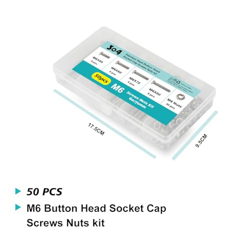 50PCS M6 x 50mm 60mm 70mm 80mm, Button Head Socket Cap Screws Bolts Nuts Kit, Stainless Steel 304, Metric Allen Hex Drive, Fully Threaded - size: Button M6x50/60/70/80mm
