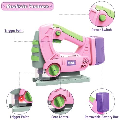 Kids Construction Tool Set for 3 4 5 6 7 Year Old Boys Girl,Pink Preschool Pretend Play Tool,Pretend Play Tools Set Toddler Toys,with Electric Drill Chainsaw、Electric Drill,Toy Tools Gifts for Kids