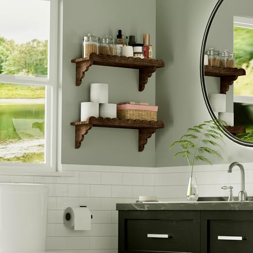 QsQueen Scalloped Wood Wall Shelf – 17 Inch Floating Shelf with Wood Brackets, Easy to Install Rustic Wall Shelf for Living Room, Bedroom, Bathroom, or Any Space - color: Brown