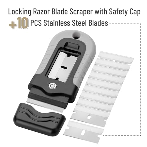 Bates- Razor Blade Scraper, Grey, Locking Razor Scraper Set with 10 Extra Stainless Steel Blades, Window Scraper, Scraper Tool, Glass Scraper, Scraper Blades, Paint Scraper Blade Scraper for Cleaning - color: Light Grey