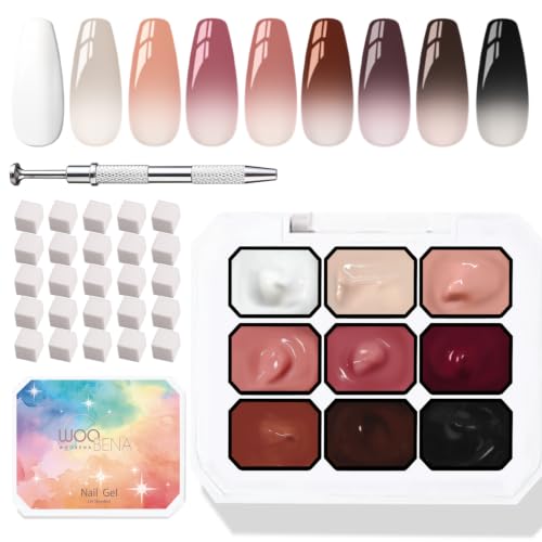 Pat Pat Gel,Ombre Gel Nail Polish Gradient Patting Gel Nail Kit for Painting DIY Nail Art No Wipe, Blooming UV/LED Curing with Tweezer and 100Pcs Nail Sponges for Ombre (9 colors A) - color: 9 Colors-A