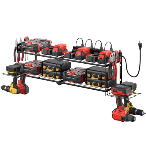 CCCEI Large Garage Tools Storage with Charging Station. Power Tool Battery Organizer Utility Shelf with Power Strip. 4 Drills Holder Wall Mount Rack. - size: Large, style: 2 Layer