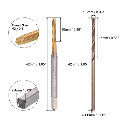 uxcell M2 x 0.4 Spiral Point Thread Tap and 1.6mm Drill Bit Set, Metric Titanium Plated Cobalt High Speed Steel Machine Screw Thread Tap Threading Tool - size: M2 x 0.4 + 1.6mm
