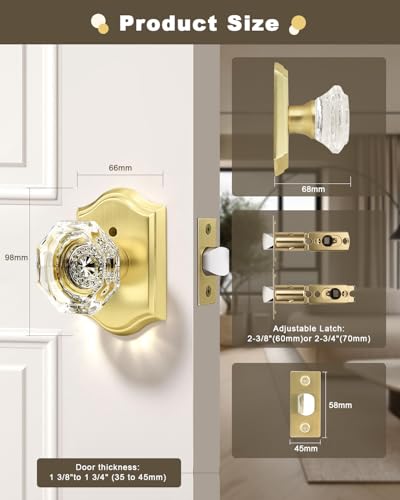 Gobrico Privacy Door Lock Sets Crystal Knobs Heavy Duty Door Hardware,Keyless Bath/Bed Door Knobset with Lock Inside,Push Pin Button,Satin Brass/Gold Arched Rosette,5 Pack - color: Satin Brass