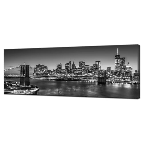 Biuteawal - Black and White Brooklyn Bridge Canvas Wall Art New York City Picture Print Manhattan Night Skyline Painting on Canvas Modern Home Office Wall Decoration Ready to Hang