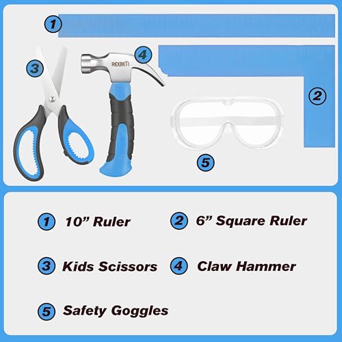 REXBETI 10-Piece Kids Tool Set with Real Hand Tools, Blue Durable Storage Bag, Children Learning Tool Kit for Home DIY and Woodworking,6+ Years Old Birthday Gift - color: Zima Blue