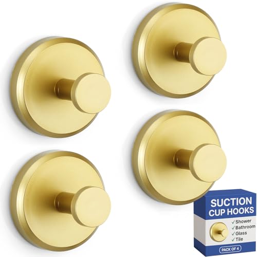 HOME SO Suction Cup Hooks for Shower & Bathroom Towel Holder 4-Pack Gold - color: Brushed Gold, size: 4 Pack