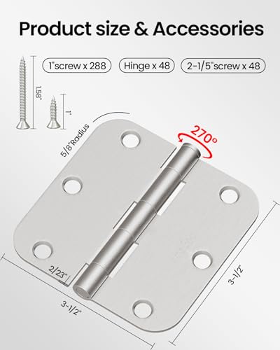 Door Hinges Brushed Nickel 48 Pack 3.5 Inch Rounded 5/8" Radius - color: Brushed Nickel, size: 48 Pack