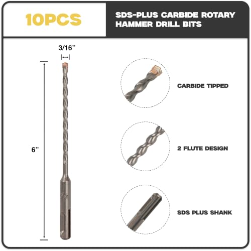 10-Pack SDS Plus 3/16" x 6" Rotary Hammer Drill Bits, Carbide Tipped for Brick, Stone and Concrete