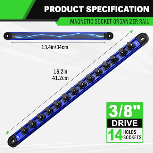 3/8-Inch Magnetic Socket Organizer Rail, Aluminum Alloy Socket Rail, Heavy Duty Sockets Holder with 14 Clips, 360° Swivel Clip Tool Tray, Sockets Organizer for Tool Box Drawer (Blue) - style: Blue 3/8-inch