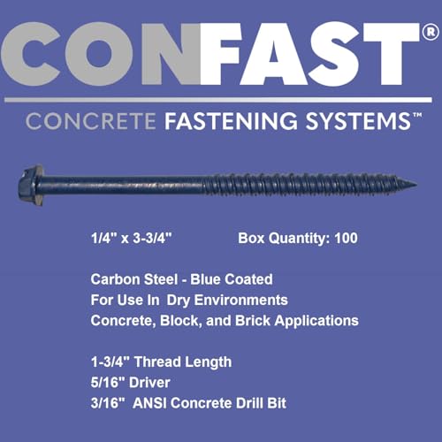 CONFAST 1/4" x 3-3/4" Hex Head Concrete Screw Anchor with Drill Bit for Anchoring to Masonry, Block or Brick (100 per Box) - size: 1/4" x 3-3/4"