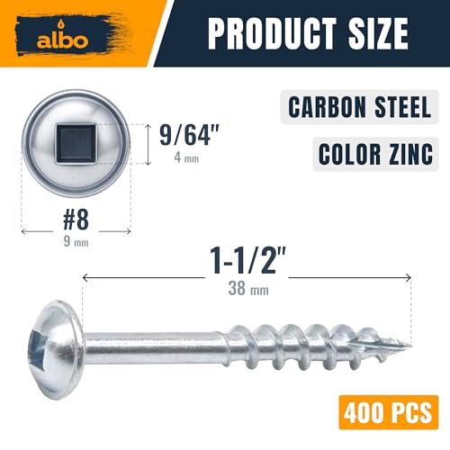 ALBO Pocket Hole Screws #8 x 1-1/2", 400 PCS, Carbon Steel Zinc Coated – Robertson Square Drive Wood Screws with Free 150mm Bit, Self Tapping Cabinet & Woodworking Screws - color: Silver, size: #8 x 1-1/2"