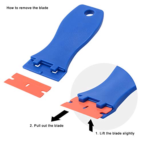 FOSHIO Plastic Razor Blade Scraper Include 2PCS Scraper Tool and 100PCS Blades for Gasket Remover, Labels Decal and Adhesive Remover for Windows and Glass - color: Blue