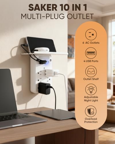 Saker Outlet Extender with Night Light, 6 AC, 4 USB, Surge Protector - style: Multi-Plug Outlet with Night Light