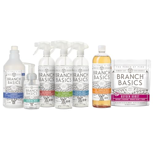 Branch Basics Premium Kit: All-Purpose, Glass, Bathroom, Hand Wash, Laundry | Refillable Plastic Bottles + Concentrate, Oxygen Boost. Fragrance-Free, Human-Safe, Plant-Based Formulas - style: Plastic Spray Bottles