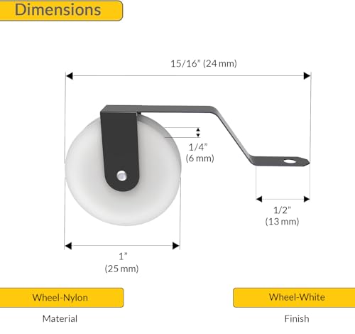 Brixwell Spring Roller Assembly, Nylon Wheel, Metal Bracket, 1" Diameter, 1/4" Width, 15/16" Length, 1/2" Mount Width, Replacement Hardware, White Wheel and Gray Finish, Pack of 2