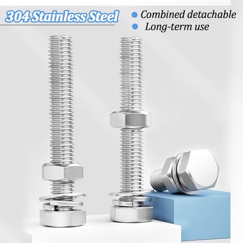 10 Sets1/4-20 × 3" Stainless Steel Hex Head Screws Bolts, Nuts, Flat & Lock Washers,18-8(304) Full Thread - color: Silver, size: 1/4-20×3"(10 Sets)