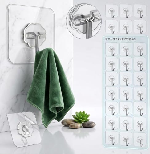 Adhesive Wall Hooks, Clear, Plastic, Heavy Duty, 16 Pack