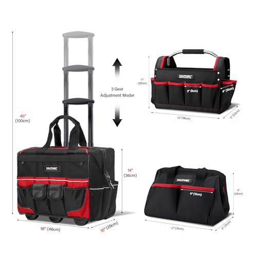 HAUTMEC 3-Piece Rolling Tool Bag Set, 18" Wheeled Tool Bag, 15" Open Top Tool Tote & 12" Wide Mouth Small Bag, Heavy-Duty 1680D Water-Resistant Tool Storage with Off-Road Wheel & Telescoping Handle - style: 3-Pcs Set | Black