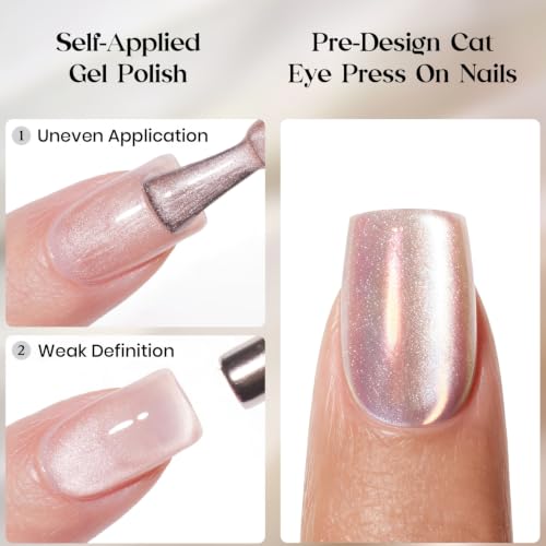 Beetles Pearl Chrome Press On Nails, Purple Cat Eye Short Square, 30 PCS - color: 4A - Pearl Punk - S