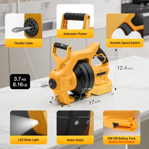 Cordless Electric Drain Auger Compatible with Dewalt 20V Battery(Tool Only) - color: Yellow