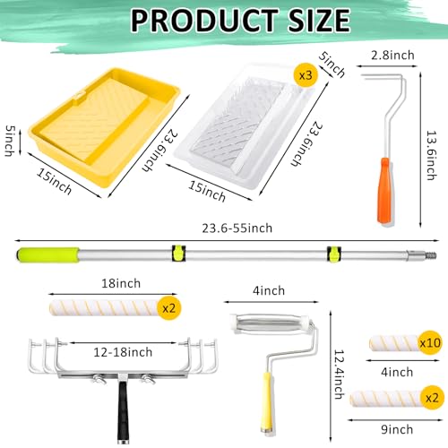 18 inch Paint Roller Kit, 22 PCS Large Paint Roller Tray with Liner, 18 inch Rollers for Painting, Rollers and Frame, 4 FT Extension Pole, Suitable for DIY Interior Walls, Rooms