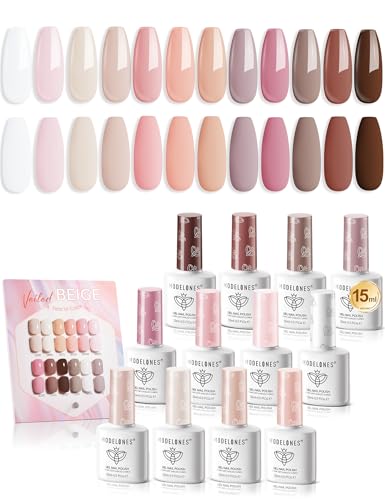 modelones 15ML 12Pcs Gel Nail Polish Set, Nude Pink Beige Brown Hema-free - color: A Veiled Beige