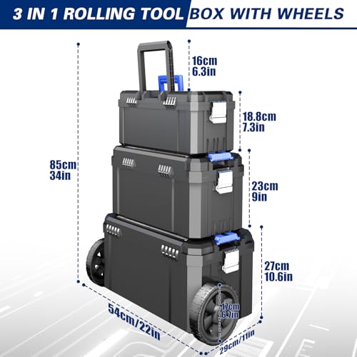 AIRAJ 3-In-1 Rolling Tool Box with Wheels, Stackable Tool Box,17+19+21"