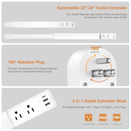 Outlet Extender, Electrical Outlet Extender Stick 22-34" Extendable 180° Rotating Wall Charger, EDIEBE USB C Power Socket Expander with 2 AC, 2 USB-A & 1 USB-C for Home Office Behind Couch