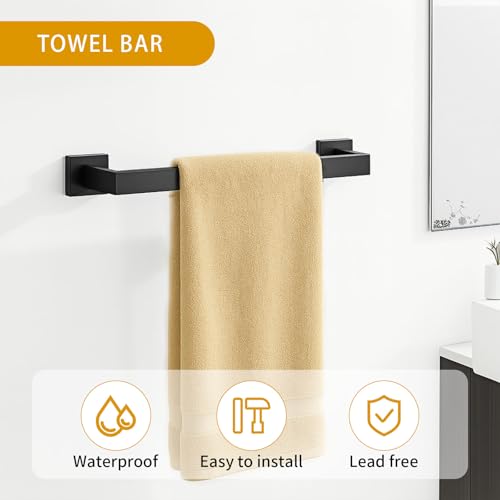 5-Piece Matte Black Bathroom Hardware Accessories Set - 16 Inch Stainless Steel Wall Mounted Towel Rack, Toilet Paper Holder, Towel Ring & 2 Hooks, Bathroom Organizer and Storage - color: A-16 Matte Black