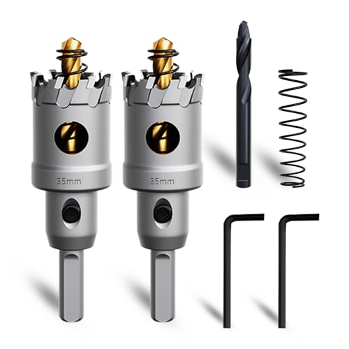 Metal Hole Saw 1-3/8''(35mm) 2Pcs Set Heavy Duty Tungsten Carbide Tipped Hole Cutters Set with a nitrided Step Drill and L-flench, for Steel Iron,Aluminum,Stainless stell,Plastic - size: 1-3/8''(35mm)-2PCS