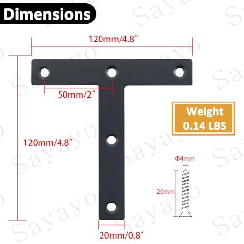 SAYAYO T Brace, 120x120mm (5" x 5") T Brackets Mending Plate Flat Repair Plates Joining Bracket Brace, Stainless Steel Matte Black, 6 Pcs | Black Repair Plates Joining Bracket, T Brace for Wood, 6 PCS - color: Black, size: 120x120mm-6pcs, style: T Shape