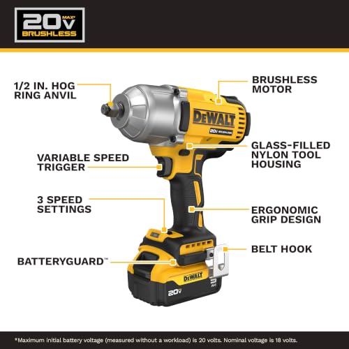 DEWALT 20V MAX Cordless Impact Wrench with Hog Ring Anvil, Brushless High Torque 1/2 Impact Gun, 4-Mode Speed, Includes Battery, Charger and Kit Bag (DCF900P1)