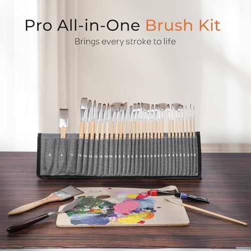 Nicpro 32pcs Paint Brush Set, Acrylic Paint Brushes, Professional Artist Series with Paint Spatula and Cloth Roll, Paintbrushes for Oil, Acrylic Canvas Paintings, Watercolor, Art Supplies - color: Beige
