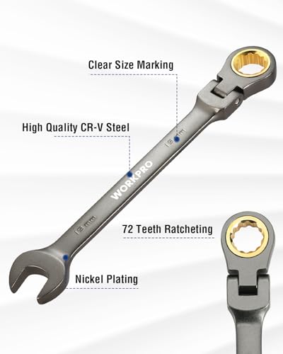 WORKPRO 19 mm Flex-Head Ratcheting Combination Wrench, Nickel Plating - size: 19 mm, style: Nickel Plating