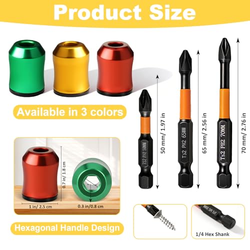6 Pcs Magnetic Screw Holder Ring with 3 Pcs Ph2 Screwdriver Bit Set, 1/4" Universal Strong Magnetic Ring, Removable Screwdriver Bit Holder Tool for Drill Bits & Hex Screwdrivers