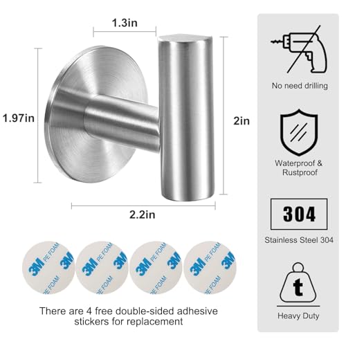 Vuzvuv Brushed Nickel Self Adhesive Stainless Steel Towel Hooks (4-Pack) | SUS304, Self-Adhesive, Heavy Duty, Waterproof, Coat Robe Hook for Bathroom, Kitchen, Hotel - color: Silver-4 Pcs