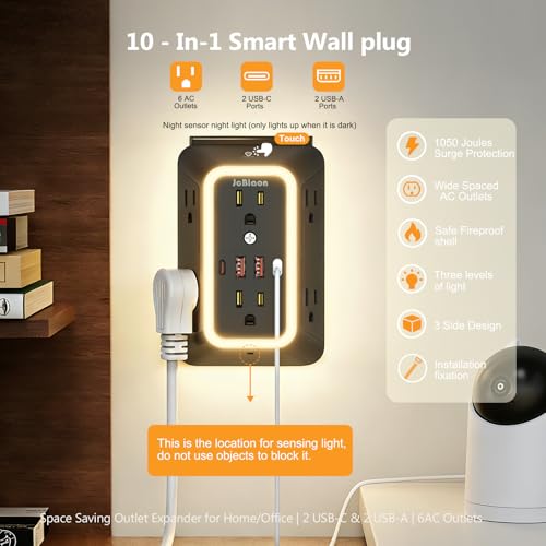 Wall Outlet Extender with Night Light, Power Plug Adapter 6 Outlet Extender with 4 USB Charging Ports（2 USB C）,1050J Power Strip Multi Plug Adapter Spaced for Home Office Travel-Black-ETL - color: Black-1Pcs