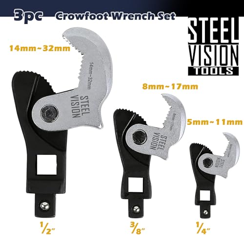 3-Piece Adjustable Crowfoot Wrench Set: Spring Loaded Auto Adjusting Wrench, 5–32mm (3/16"–1-1/4"), Self-Adjusting Universal Wrench, Male & Female Square Drives for Ratchet, Breaker Bar, Extension Bar - size: 3pc (5-32mm)