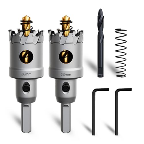 Metal Hole Saw 1"(26mm) 2Pcs Set Heavy Duty Tungsten Carbide Tipped Hole Cutters Set with a nitrided Step Drill and L-flench, for Steel Iron,Aluminum,Stainless stell,Plastic - size: 1"(26mm)-2PCS
