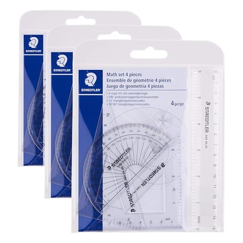 STAEDTLER Math Set - 4 pc Geometry Kit for Students - School Supplies with Clear Protractor, 6in Ruler & 2 Triangles – Metric & Imperial Scales (Pack of 3) - size: 4 Piece Set (Pack of 3)