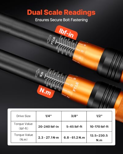VEVOR Torque Wrench Set 1/4" 3/8" 1/2" Drive Click Torque Wrench 47-Piece, Dual Scale Readings, ±3% High Precision, with Spark Plug Sockets, Bits, Extension Bars, Storage Case, for Automotive Repair - size: 1/2" 3/8" 1/4" 47 PCS