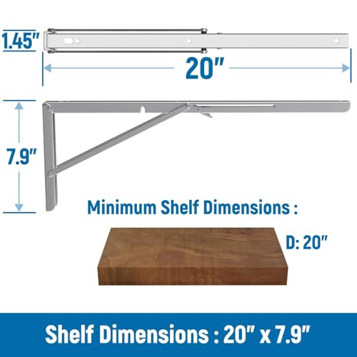 LEOPO 20 Inch Folding Shelf Brackets, 2 Pack Foldable Shelf Supports - color: Silver-Stainless Steel, size: 20 Inch