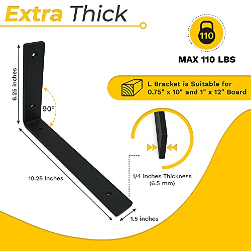 1/4" Thk Heavy Duty Shelf Brackets, 10.25" X 6.25", 4 Pack - Max. 110lb - size: 10.25"X6.25"